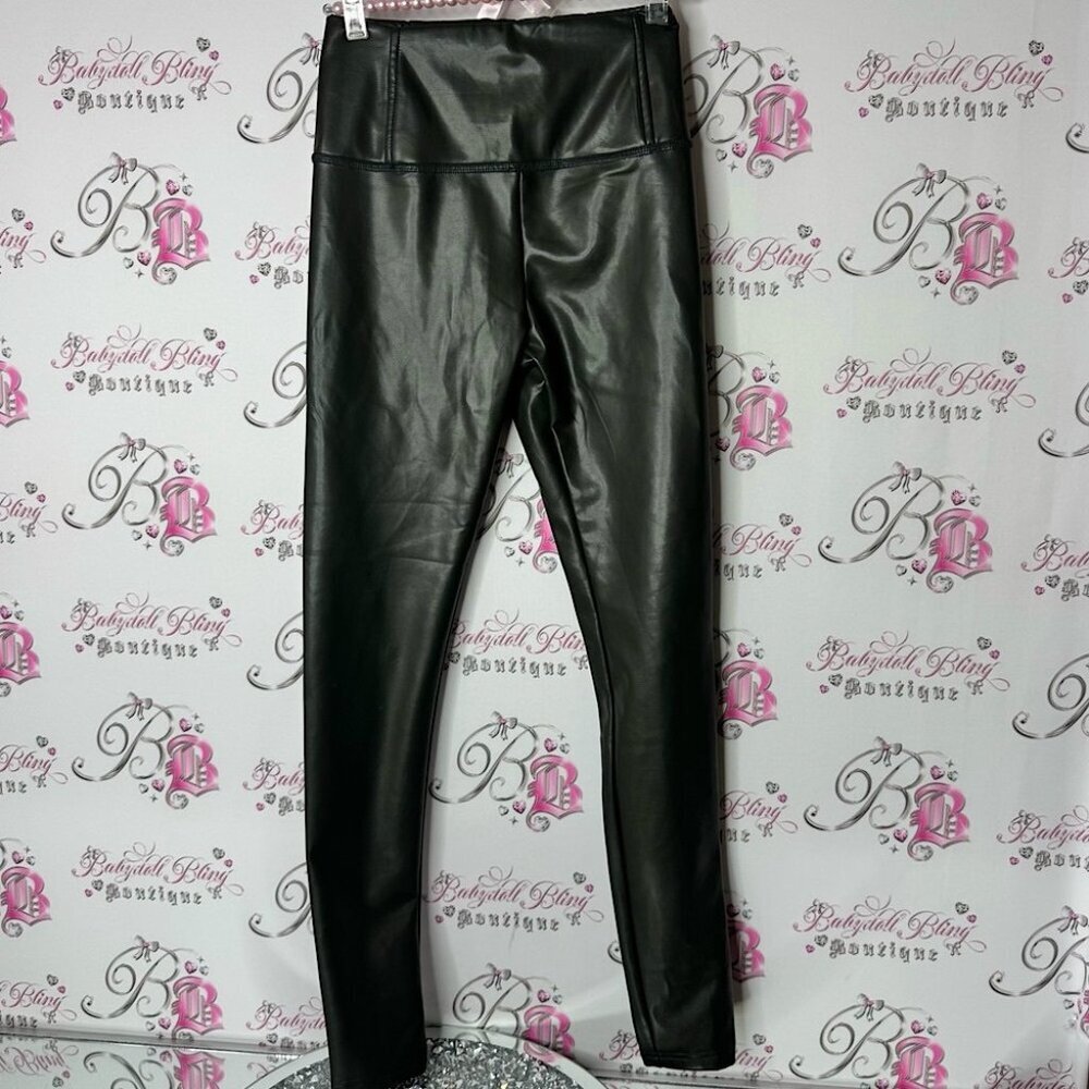 La Classe Couture Faux Leather Leggings dark green black color stretchy shiny
